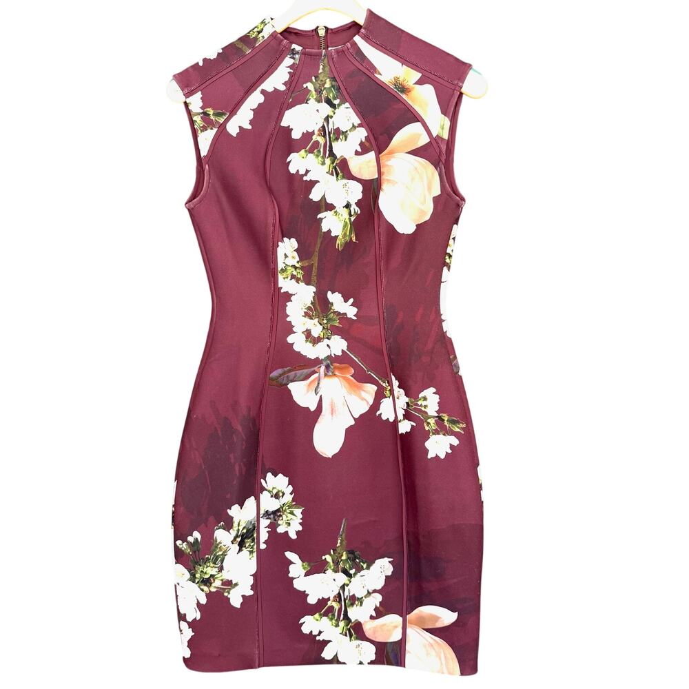 Ted Baker Zassha Brown Floral Scuba Mini Dress Bodycon Mandarin Collar Sz 4/1